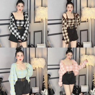 Set len croptop áo cardigan kèm áo 2 dây kẻ caro hàng QC