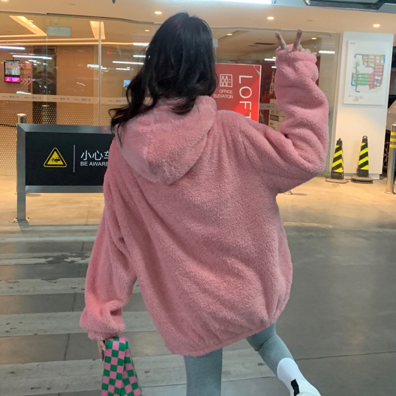 Áo hoodie tay dài dáng rộng vải nhung phong cách thời trang Hàn Quốc dễ phối đồ