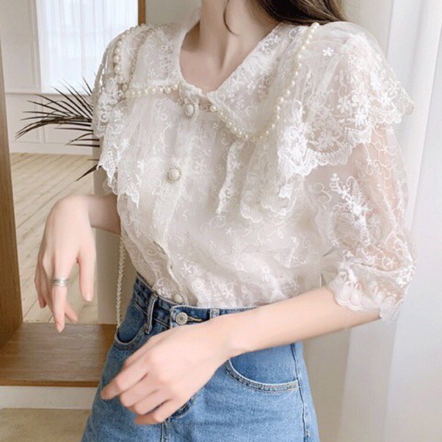 ÁO KIỂU NỮ 🎀 HOẠ TIẾT REN CỔ SEN VIỀN NGỌC TRAI GIẢ 🎀 PHONG CÁCH TIỂU THƯ NHẸ NHÀNG DỄ THƯƠNG