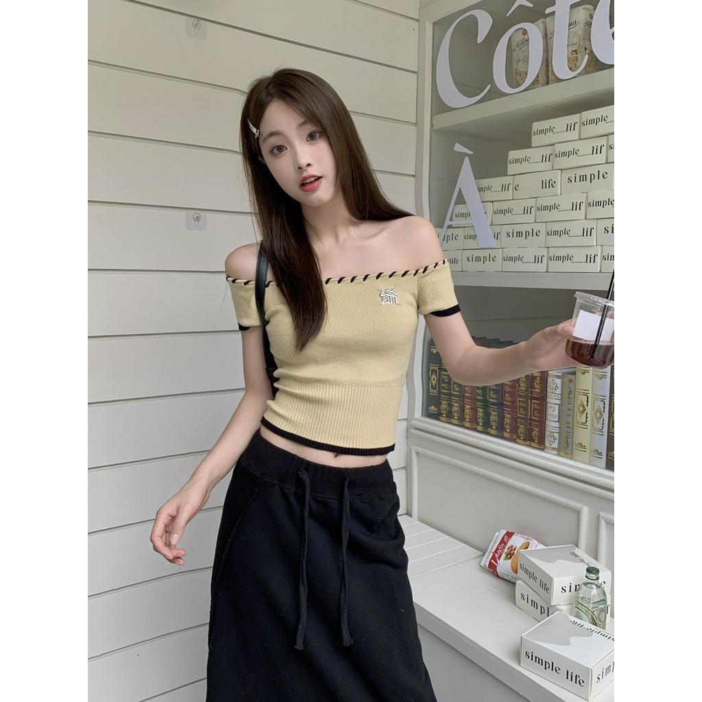 Áo Thun Dệt Kim Trễ Vai Màu Sắc Tương Phản Thời Trang Mùa Hè 64211