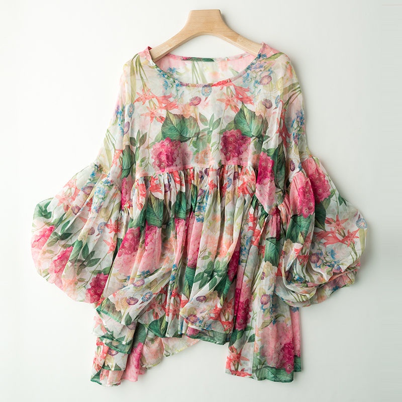 Áo Chiffon Cổ Tròn Dáng Rộng In Hoa Kiểu Hàn Quốc Xinh Xắn Cho Nữ