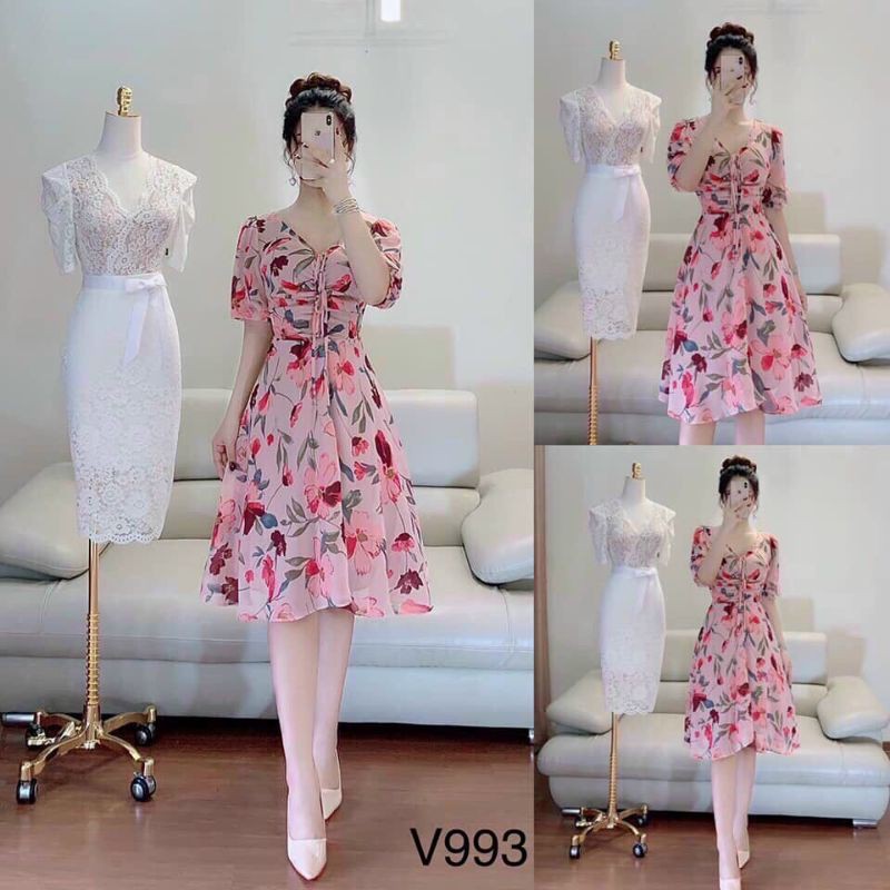 Đầm xòe tay lỡ rút dây họa tiết hoa lá xinh xắn