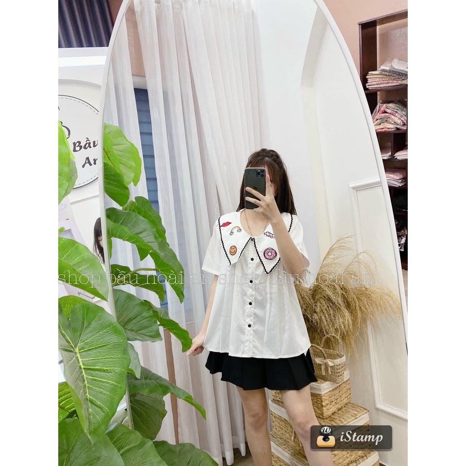 Áo sơ mi vạt bầu form rộng cổ hoạ tiết cực xinh xmay MjnHa