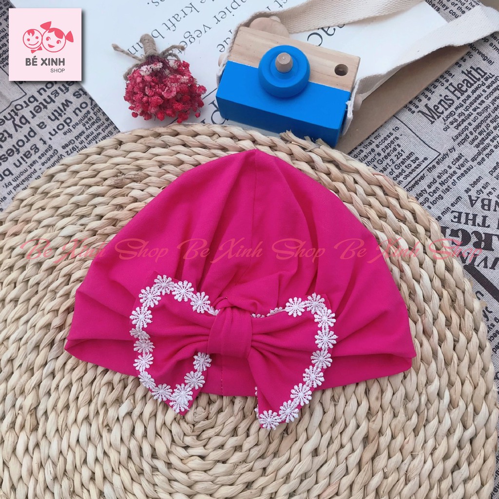 Mũ nón băng đô turban cho bé gái sơ sinh [Sale nhanh] Băng đô mũ turban phụ kiện tóc cho bé gái NƠ HỒNG thun cotton