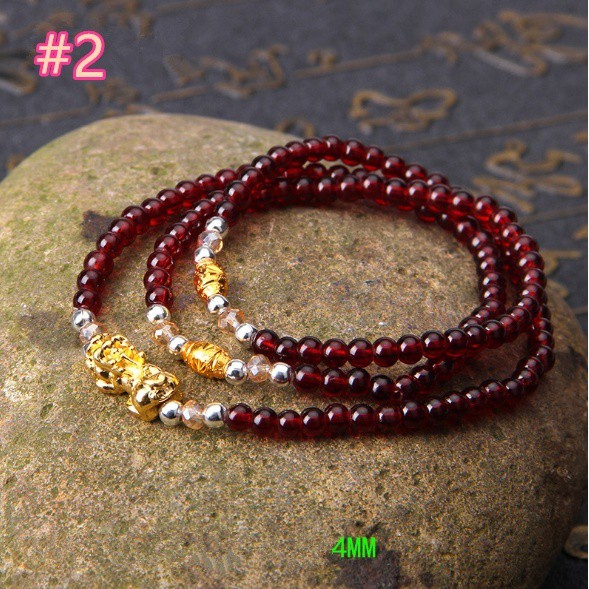 18K Yellow Gold Bless Pixiu Red Garnet Bead multilayer Bracelet Stretchy Bangle