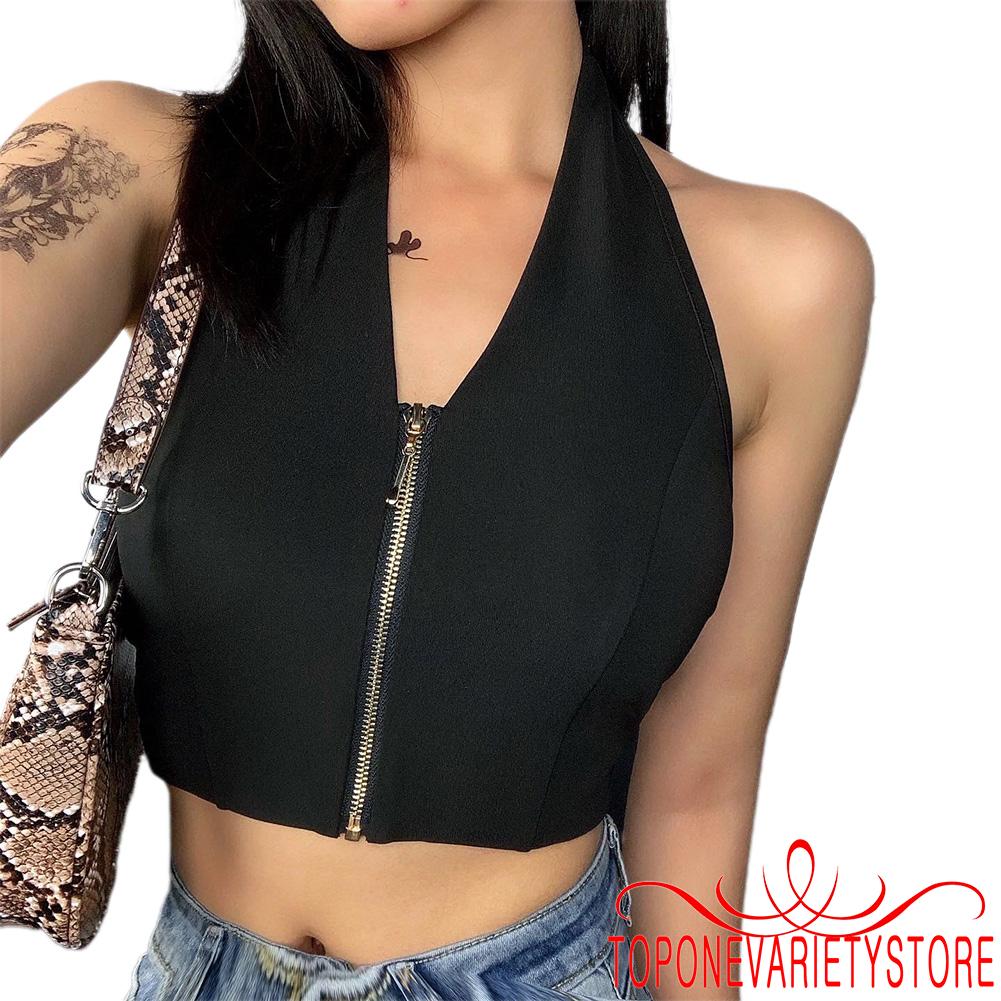 [Mã FAMAYWA giảm 10K đơn 50K] Áo croptop sát nách cổ chữ V hở lưng có khóa kéo trước thời trang mùa hè cho nữ | BigBuy360 - bigbuy360.vn
