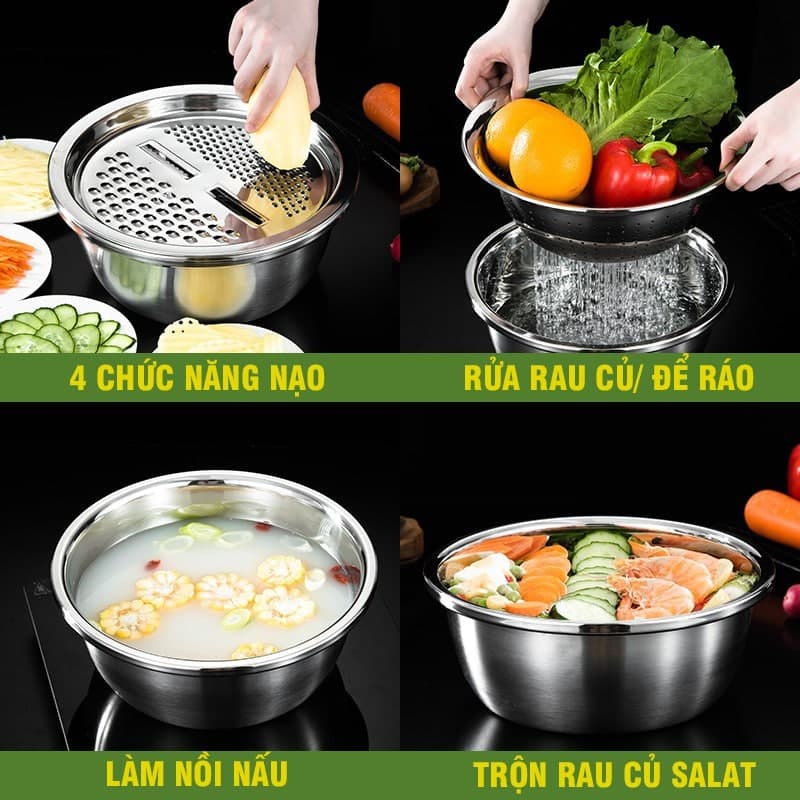 Bộ rổ chậu kèm nạo rau củ quả inox đa chức năng 3in1 cao cấp siêu tiện dụng POT KITCHEN