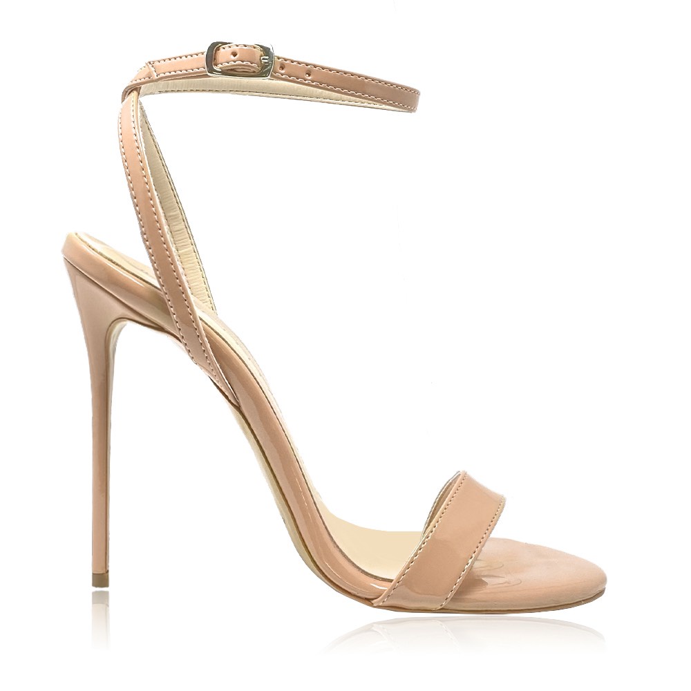 Giày Cao Gót Sandal Màu Nude Chéo Gót Da Bóng, Sandal Mũi Nhọn Gót Nhọn Hở Gót Tôn Dáng Êm Chân Cao Cấp Cao 9-11 Phân