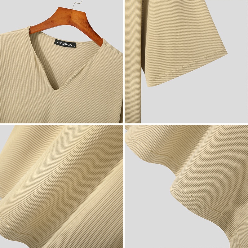 Áo thun INCERUN ngắn tay cổ chữ V màu trơn size S-5XL cho nam