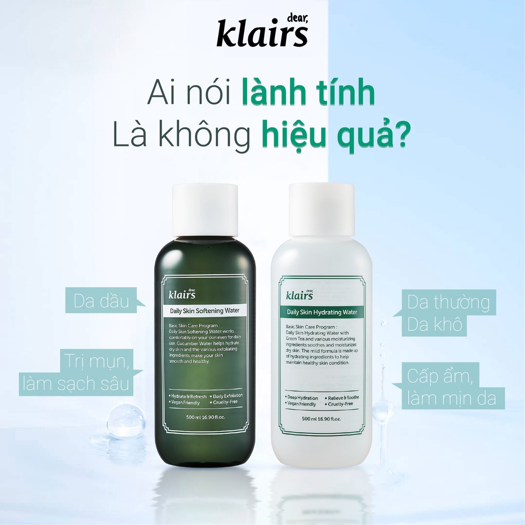 Nước Hoa Hồng dưỡng ẩm cho da hàng ngày Dear, Klairs Daily Skin Hydrating Water 500ml