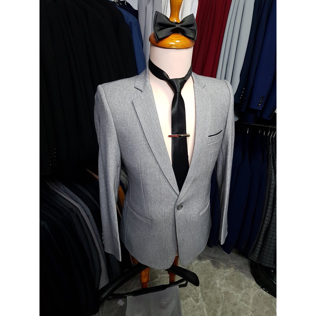 Bộ vest nam ôm body màu xám ghi chất liệu vải nhập cao cấp dày mịn + cà vạt nơ kẹp