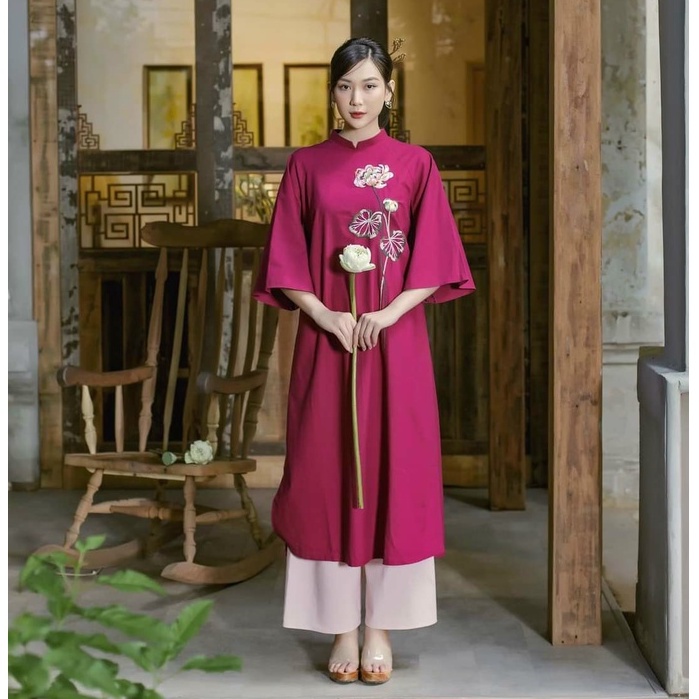 Áo dài cách tân nữ dáng suông tay lỡ thêu hoa phong cách cổ điển - L28