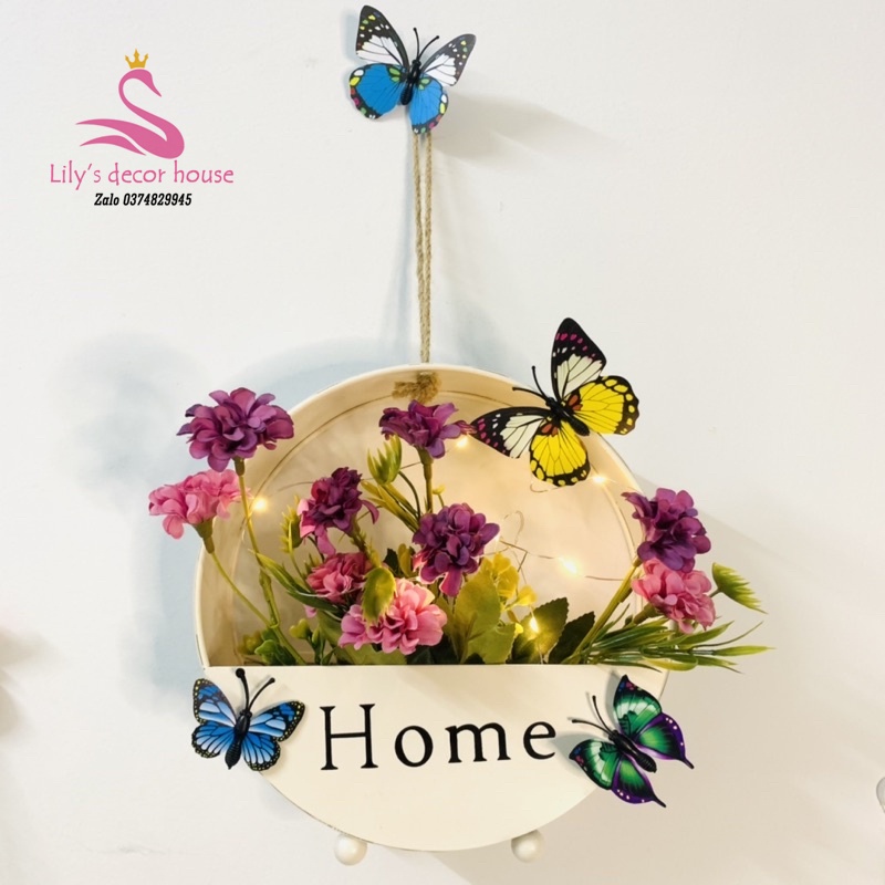 Giỏ hoa treo tường kèm đèn led decor siêu xinh trang trí nhà cửa giỏ hoa chữ Home Tặng kèm bướm trang trí,đinh lilydecor