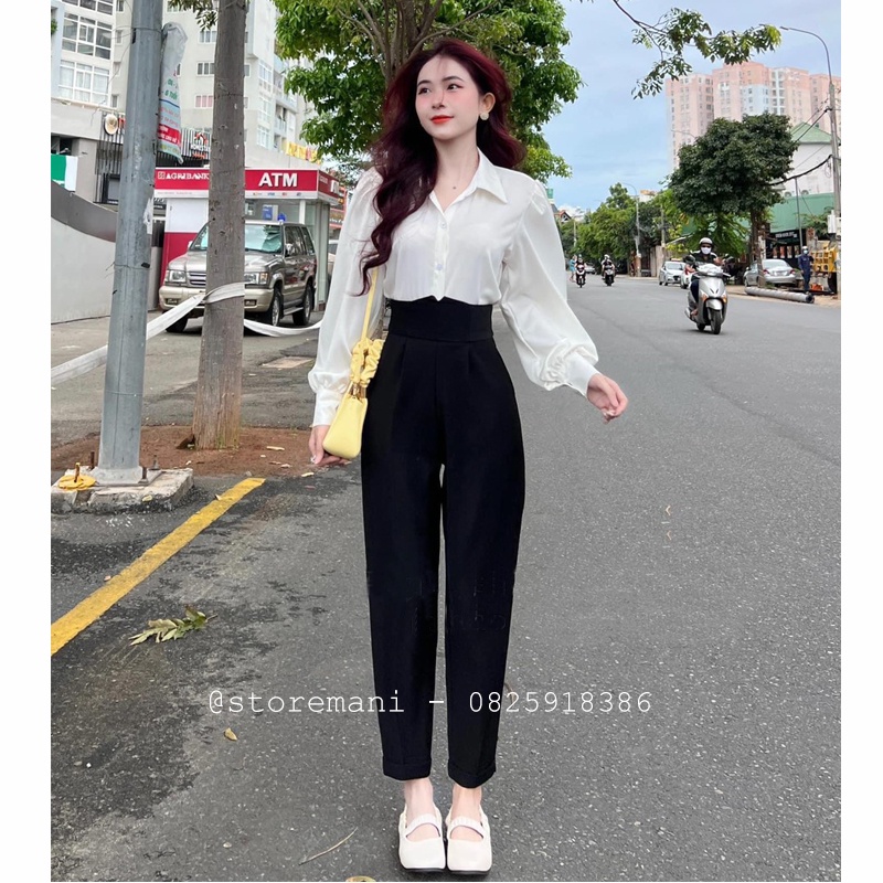 Quần tây nữ lưng cao đi học quần vải baggy cạp v siêu cao nữ mặc làm công sở khóa sườn màu đen tuyết mưa co giãn nhẹ