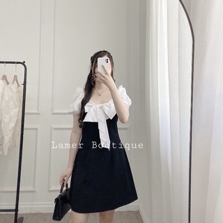 Váy nơ ngực dáng chữ A tay phồng