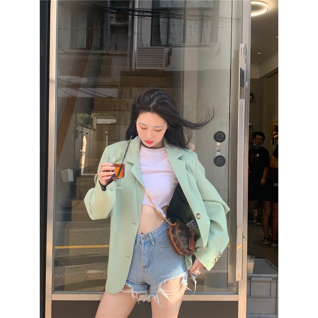 Áo khoác blazer dáng dài rộng màu xanh lá thời trang sành điệu | BigBuy360 - bigbuy360.vn