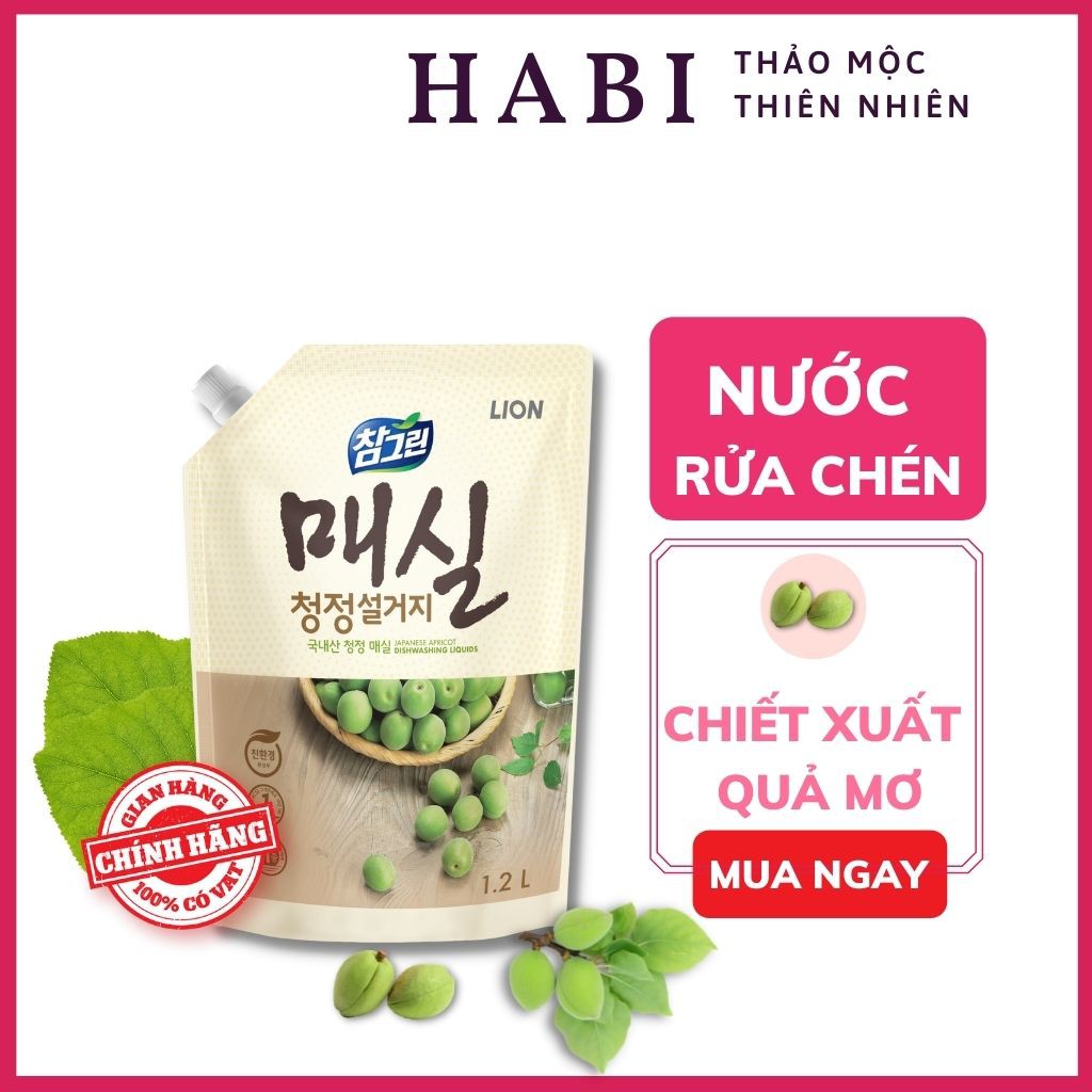 Nước rửa chén chiết xuất quả mơ LION Hàn Quốc, dầu rửa bát gốc thực vật sạch vết dầu mỡ không hại da tay, túi 1.2kg