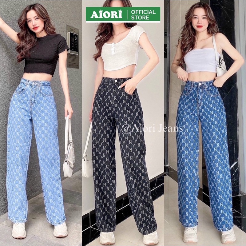 [CAO CẤP - ĐỦ 3 MÀU] Quần Jean Nữ AIORI Ống Suông Lưng Cao Họa Tiết NY Ống Rộng Lưng Kiểu Culottes Thời Trang Hàn Quốc