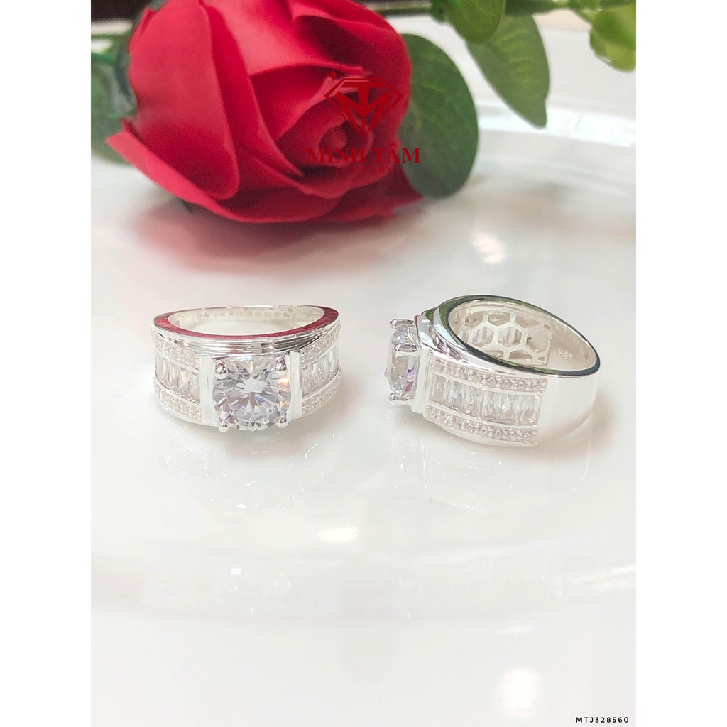 Nhẫn bạc nam ổ đá chủ 7 ly bạc 950,Nhẫn nam ổ đá cao 7 ly bạc 950 cao cấp-Minh Tâm Jewelry