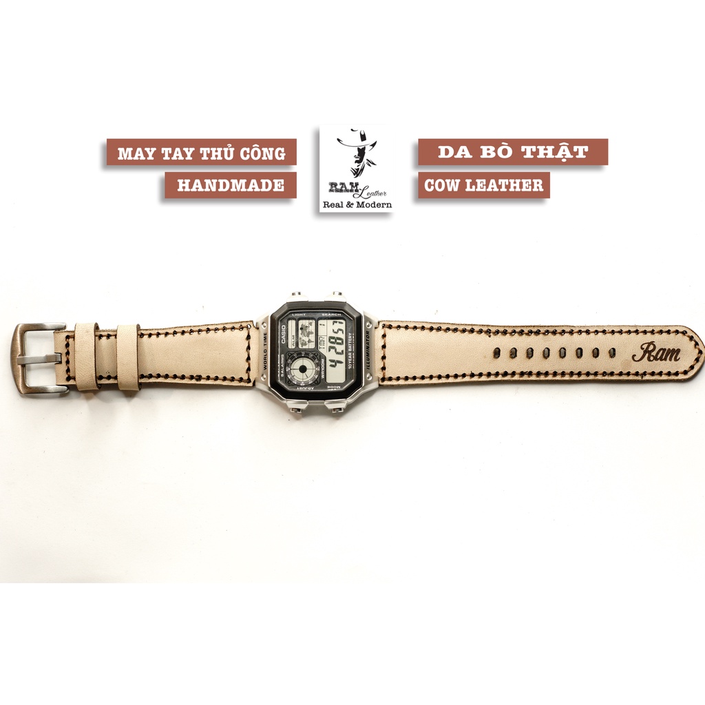 Dây đồng hồ RAM Leather 1970 cho CASIO 1200, AE 1200, 1300, 1100, A159 , A168 , Size 18 da bò Italia Vegtan