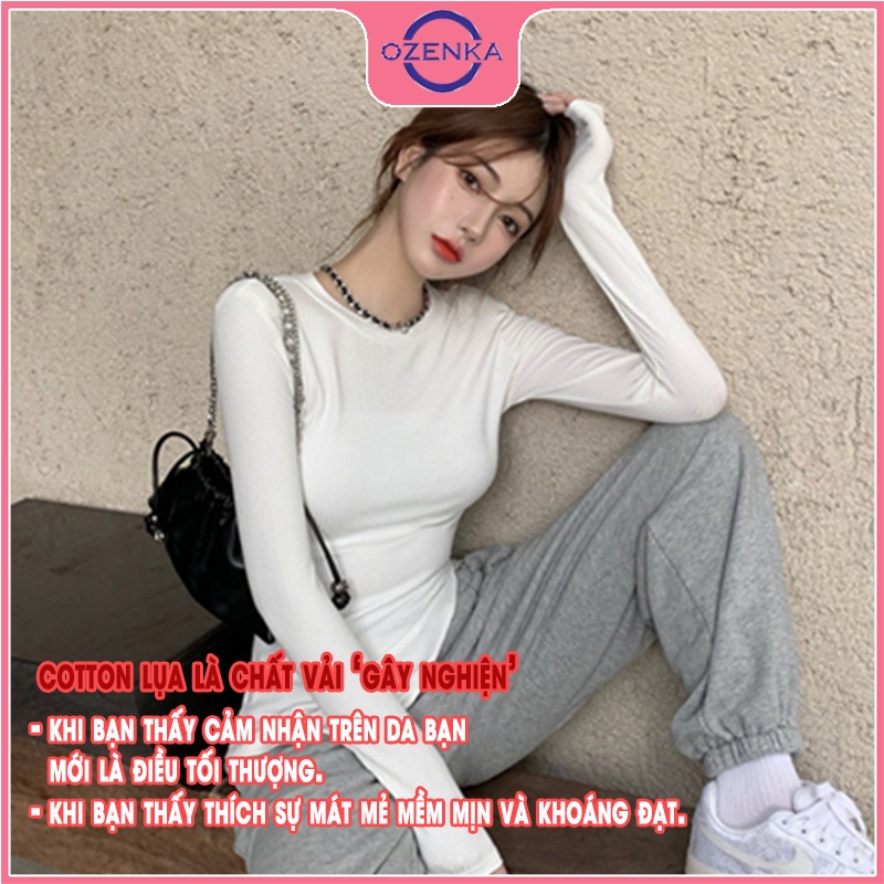 Áo thun croptop nữ tay dài sẻ gấu OZENKA , ao crt ôm body phong cách Hàn Quốc chất cotton lụa màu đen trắng dưới 52 kg