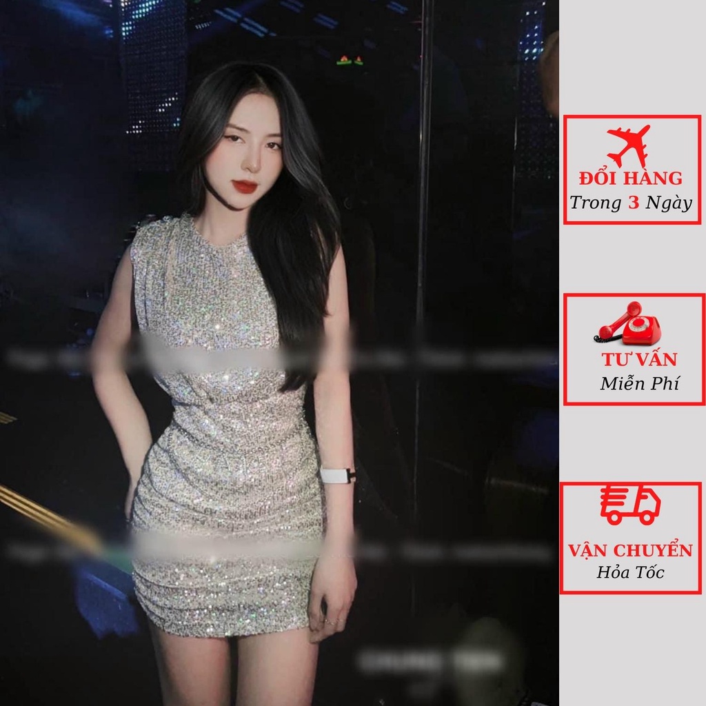 Váy nhũ body nữ dúm eo tay hến sát nách dáng ngắn phong cách sexy đi tiệc cưới ulzzang Hàn Quốc