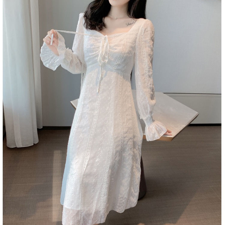 Lace Dress French Style Retro Trumpet Sleeve Square Collar Drawstring Waist-Controlled Slimming Long Sleeve Fairy Dress Female Temperament | BigBuy360 - bigbuy360.vn