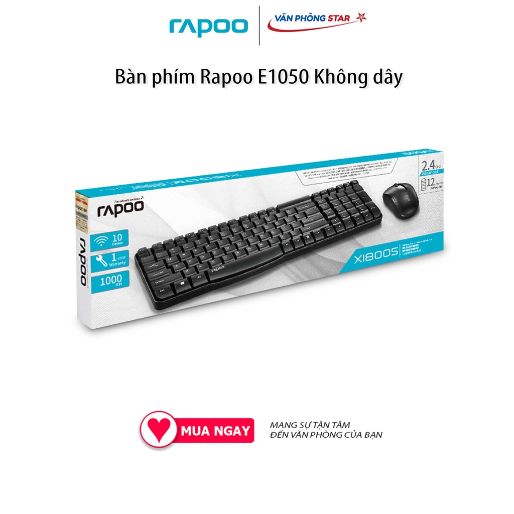 Bàn phím Rapoo E1050 Không dây, Chuẩn giao tiếp USB-Wireless, Thiết kế chống thấm nước, Kích thước Full size