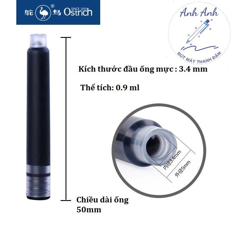 Mực bút máy Ostrich - loại nhanh khô tẩy được khi dùng với bút xóa AIHAO 502 - bán theo ống - hàng chính hãng