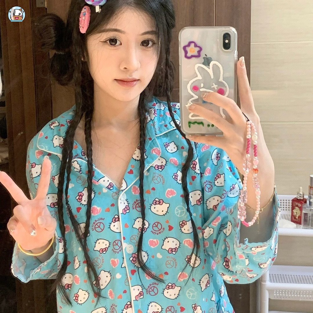 Bộ Đồ Ngủ Tay Dài In Hoạt Hình Mèo Kitty Thời Trang Thu Đông Xinh Xắn Cho Nữ