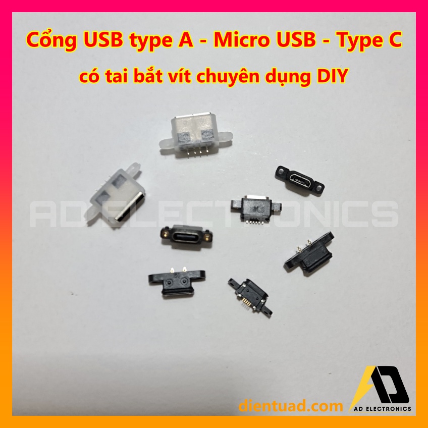 Cổng sạc Type C - Micro USB - USB type A  bọc chống nước chuyên dụng D.I.Y có tai bắt vít