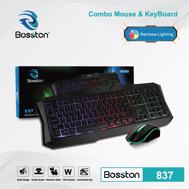 BỘ BÀN PHÍM CHUỘT BOSSTON 837 CÓ LED NỀN ,  CHUYÊN GAME Tặng kèm Lót Chuột LOGITECH.
