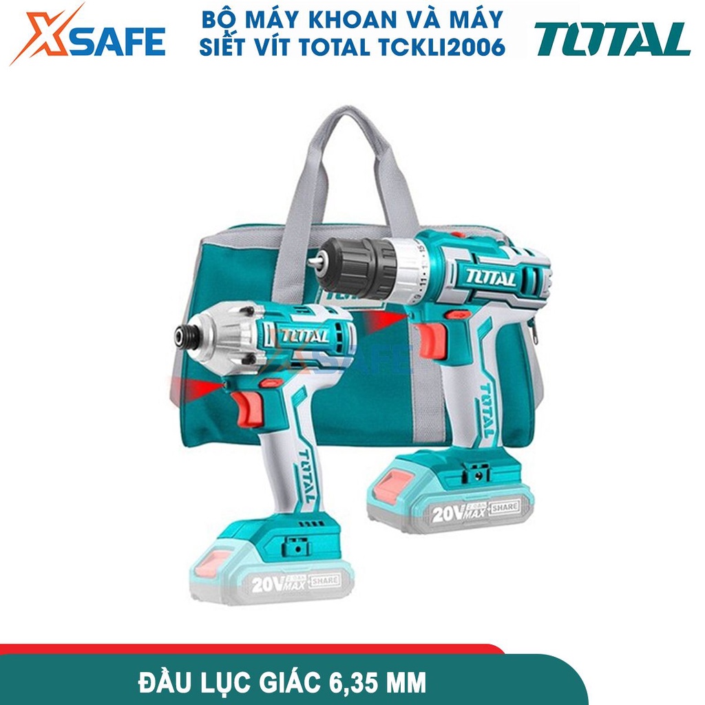 Bộ combo máy khoan pin và máy bắn vít dùng pin motor không chổi than 20V TOTAL TCKLI2006 kèm 2 pin 2.0Ah, 1 sạc