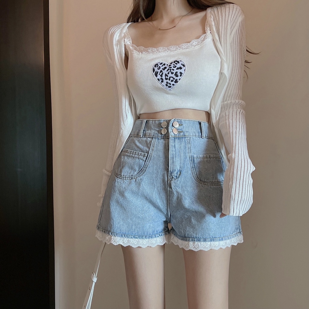 SUXI Quần đùi denim lưng cao ống rộng phối ren phong cách cổ điển sang trọng thời trang mùa hè dành cho bạn nữ