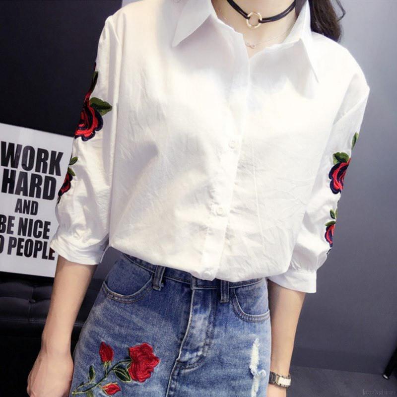Áo sơ mi nữ cổ đứng thêu hoa