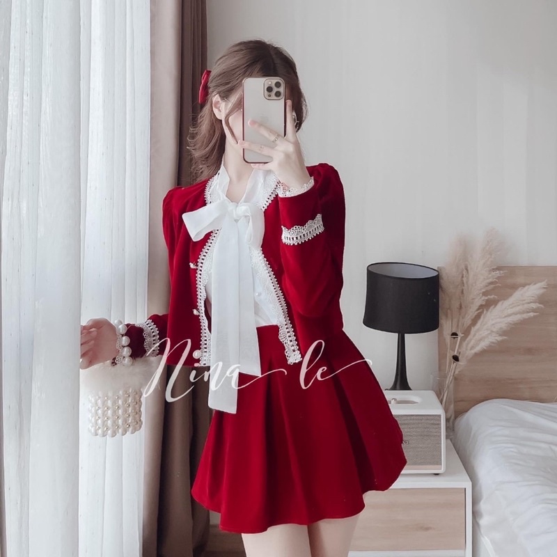Set váy tk 3 món màu trắng đỏ chất dạ nhung dày dặn sơ mi đũi lụa siêu sang chảnh