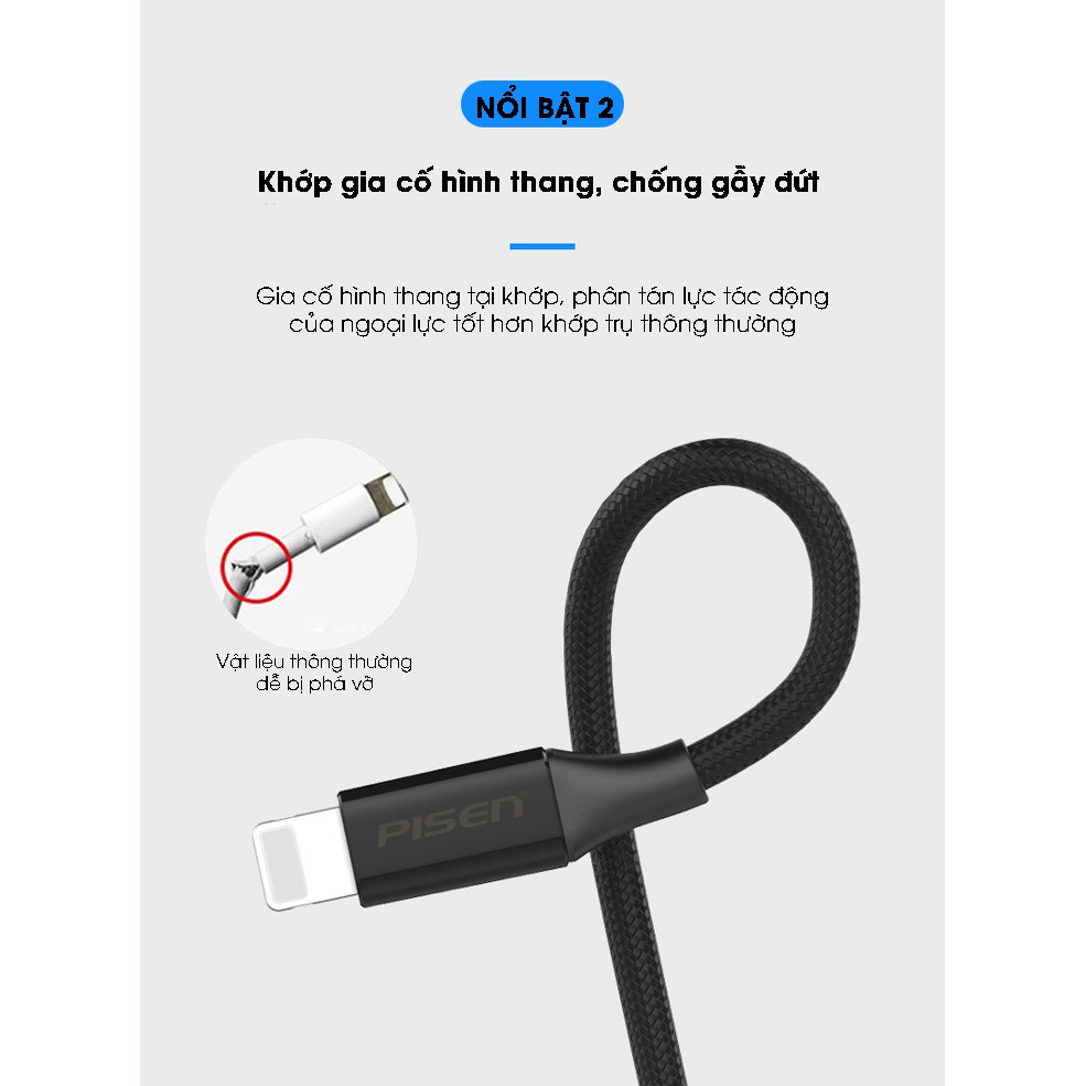 Cáp Pisen Lightning 2.4A Anti-Fracture Braided 1800mm - Cáp Sạc Iphone Lightning Chống Đứt Gãy Hiệu Quả - AL17-1800