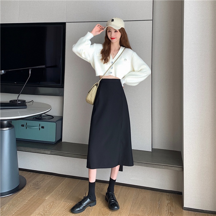 Chân Váy Chữ A Dài Chân Váy Đen Trơn Dài Qua Gối Xẻ Tà Nhẹ Nhàng | BigBuy360 - bigbuy360.vn