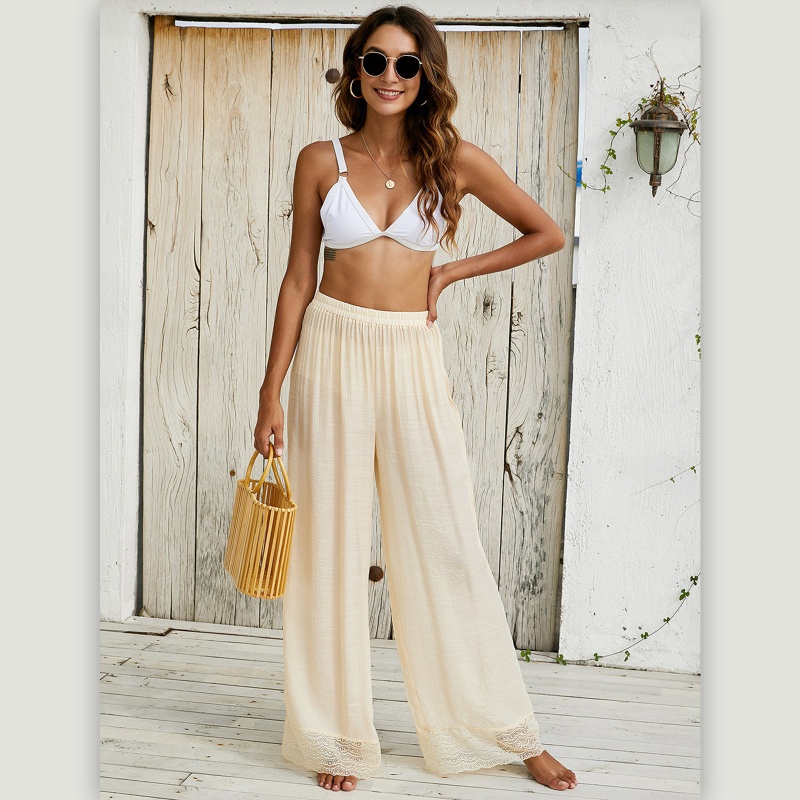 Brroa Quần Ngủ Cotton Lanh Ống Rộng Phối Ren Lưng Cao Xuyên Thấu Cho Nữ