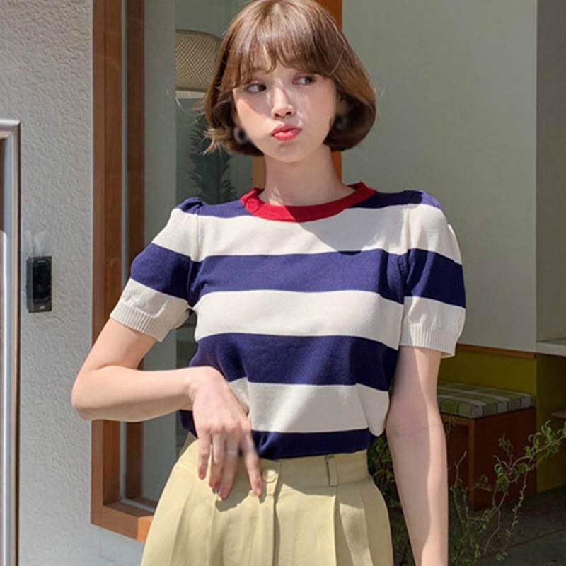 Áo dệt kim cổ tròn tay ngắn họa tiết sọc thời trang Hàn Quốc