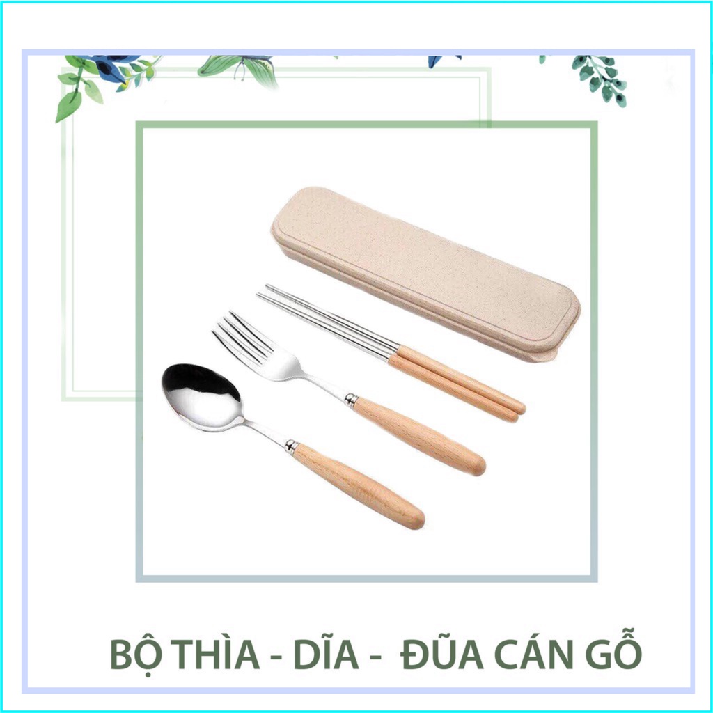 Bộ Đũa, Thìa, Dĩa Inox Cán Gỗ Tặng Kèm Hộp Đựng Lúa Mạch