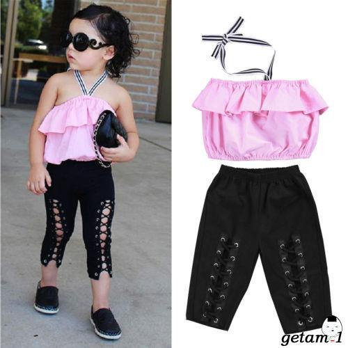 Set áo croptop trễ vai + quần dài cho bé gái