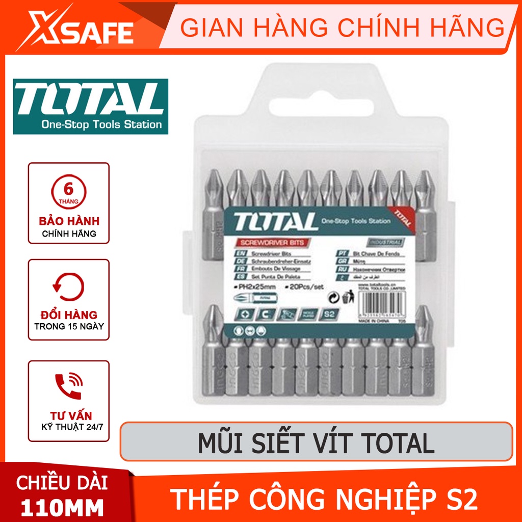 Mũi siết vít bake 2 đầu TOTAL TAC16PH253 | bộ 10 mũi siết vít bake quy cách PH2+PH2 chiều dài 110mm