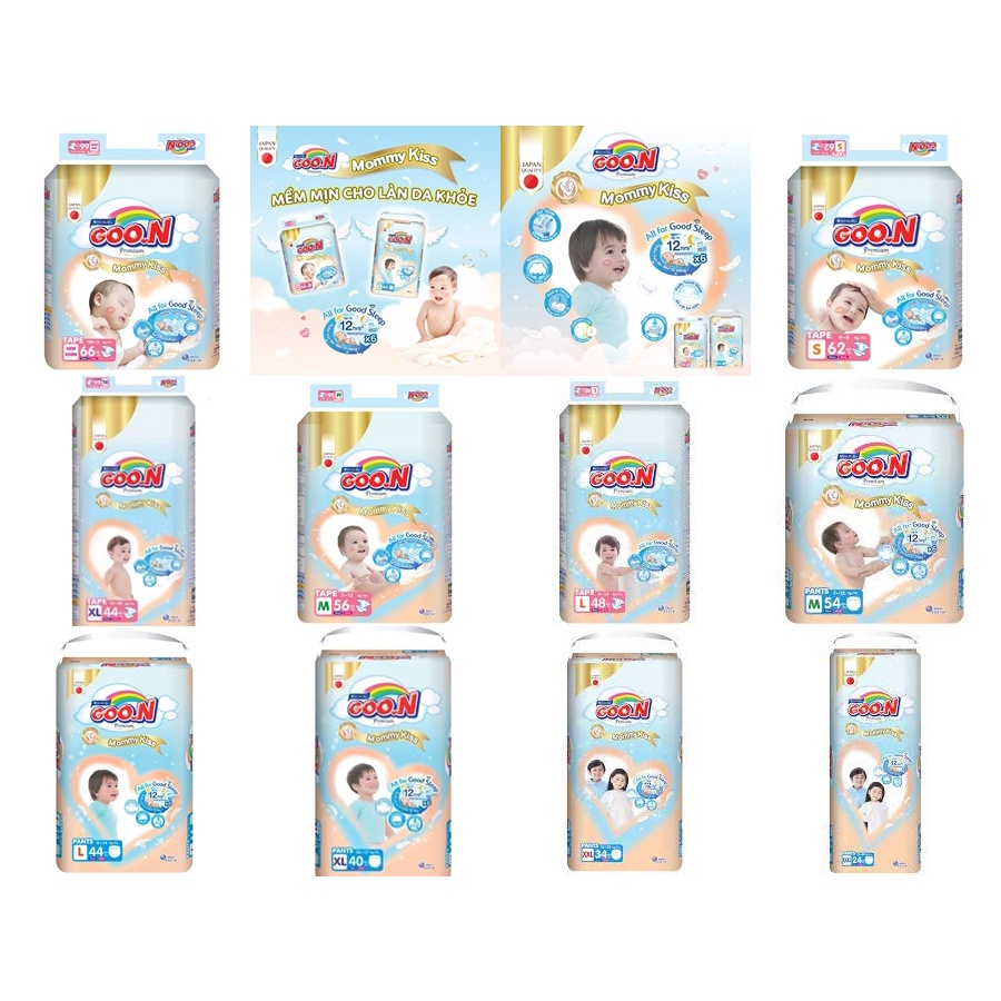 Bỉm Goon Mommy Kiss mẫu mới - Bỉm quần Goon Premium  size Nb70/S64/M60/M56/L50/L46/XL46/XL42/XXL36