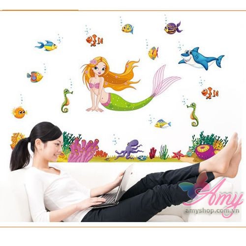 Decal dán tường Nàng tiên cá - dán phòng cho bé yêu dễ thương ngộ nghĩnh - decal có keo sẵn, bóc dán ngay AmyShop