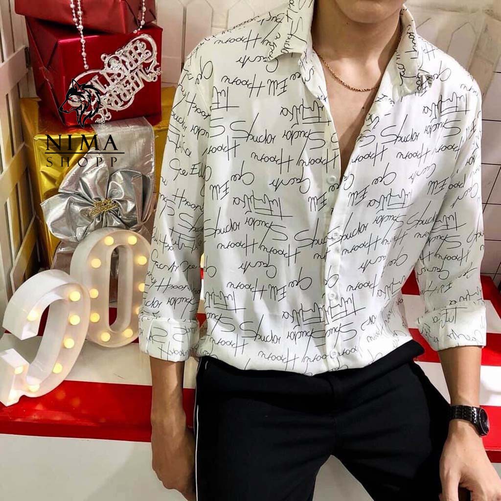 Áo sơ mi nam dài tay vải lụa họa tiết chữ cao cấp NMM033 | BigBuy360 - bigbuy360.vn