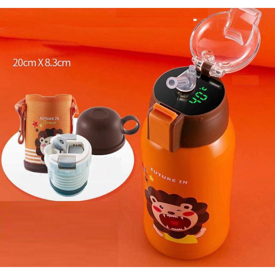 Bình giữ nhiệt trẻ em có ống hút, hiển thị nhiệt độ lõi inox 304 dung tích 500ml - Có kèm túi vải