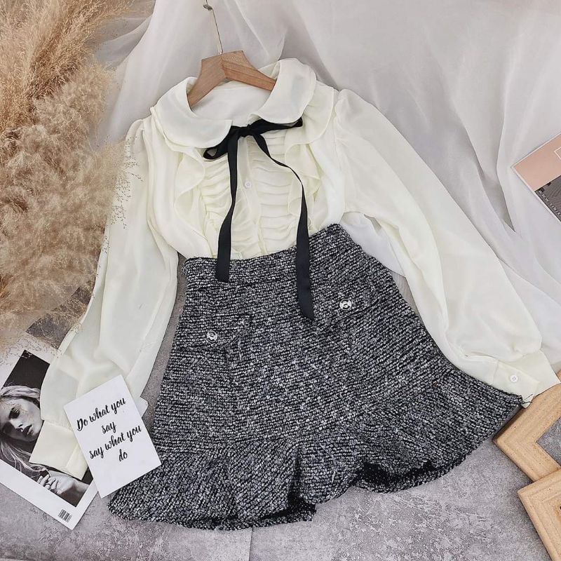 Set áo voan cổ sen nơ cổ mix chân váy bố | BigBuy360 - bigbuy360.vn
