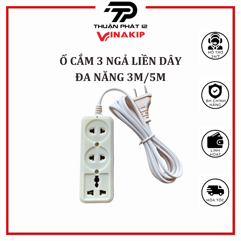 Ổ Cắm Điện Đa Năng Chống Quá Tải VINAKIP 3 Lỗ Cắm Liền Dây Loại 3M 5M Giá Rẻ 100% Chính Hãng