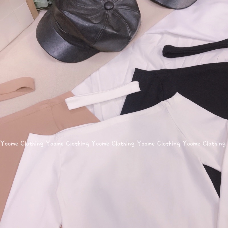 Áo trễ vai tay dài cổ choker tháo rời chất cottonzip dày dặn co giãn đa chiều Yoomeclothing ( ảnh thật tại shop )